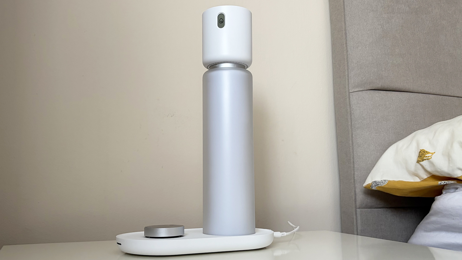 A Sleepal AI Lamp on a nightstand in our reviewer's bedroom.