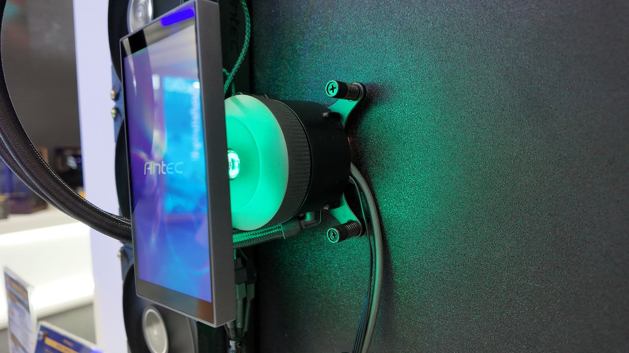 The Antec Vortex View prototype liquid cooler on display at Antec's booth at Computex 2025.