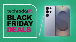 Samsung Galaxy S25 Ultra on a green background - text reads: TechRadar Black Friday Deals