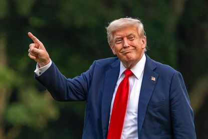 President Donald Trump walks on the south lawn of the White House and points up at the new flag on July 13, 2025 in Washington, DC.