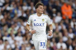 Leo Hjelde of Leeds United running during the Carabao Cup First Round match between Leeds United and Shrewsbury Town at Elland Road on August 09, 2023 in Leeds, England.