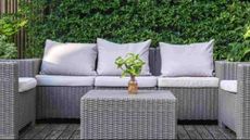 A grey, outdoor rattan sofa set from ManoMano.