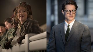 Ellen Thomas, Lesley Manville, and Lucas Bravo side by side in Mrs. Harris Goes to Paris.