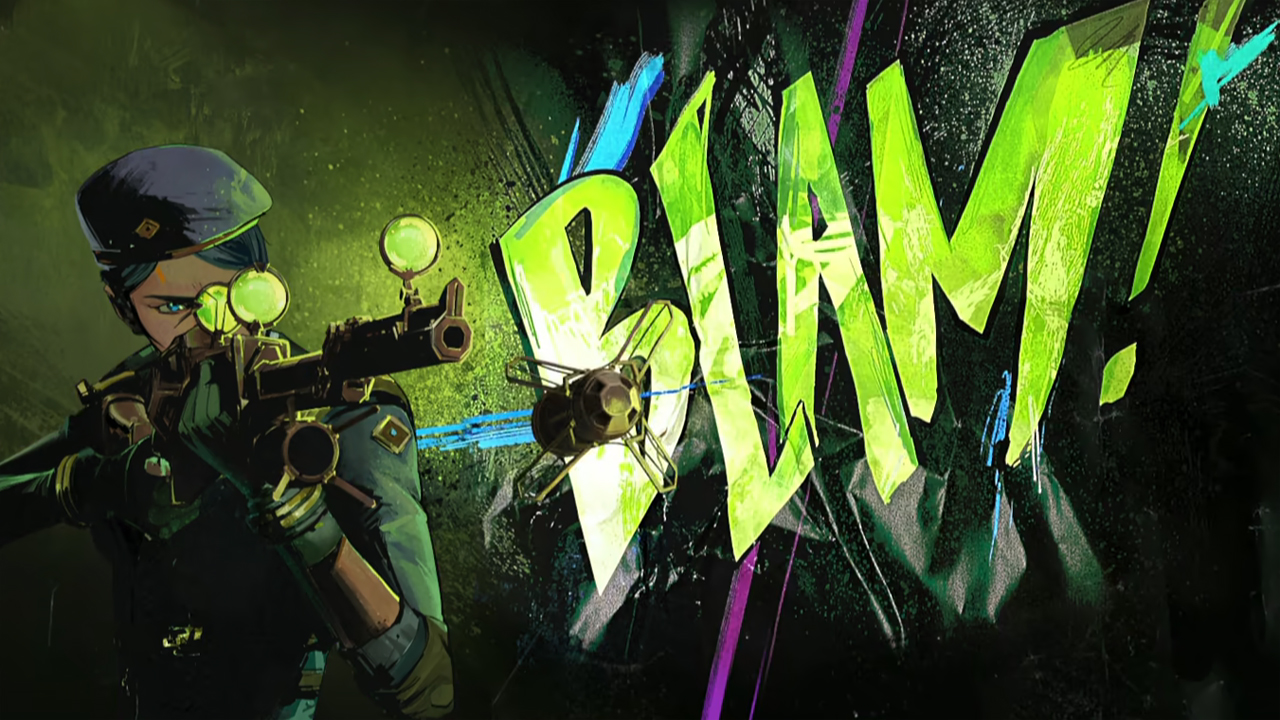 A stylized, comic book-like image of Caitlyn firing her rifle in Arcane season 2 with the word 'blam' written next to it