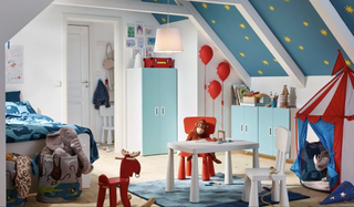 Ikea playroom with painted ceiling