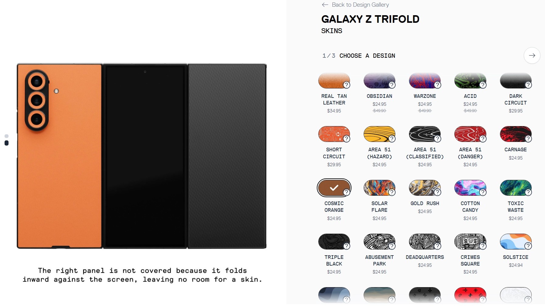 Dbrand Samsung Galaxy Z TriFold Skin customization options on the Dbrand website