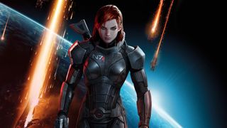 Commander Shepard posed in front of earth as the Reapers invade