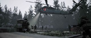 A helicopter lands at a pad swarming with enemies.
