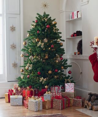 An image of a Christmas tree surrounded by gifts