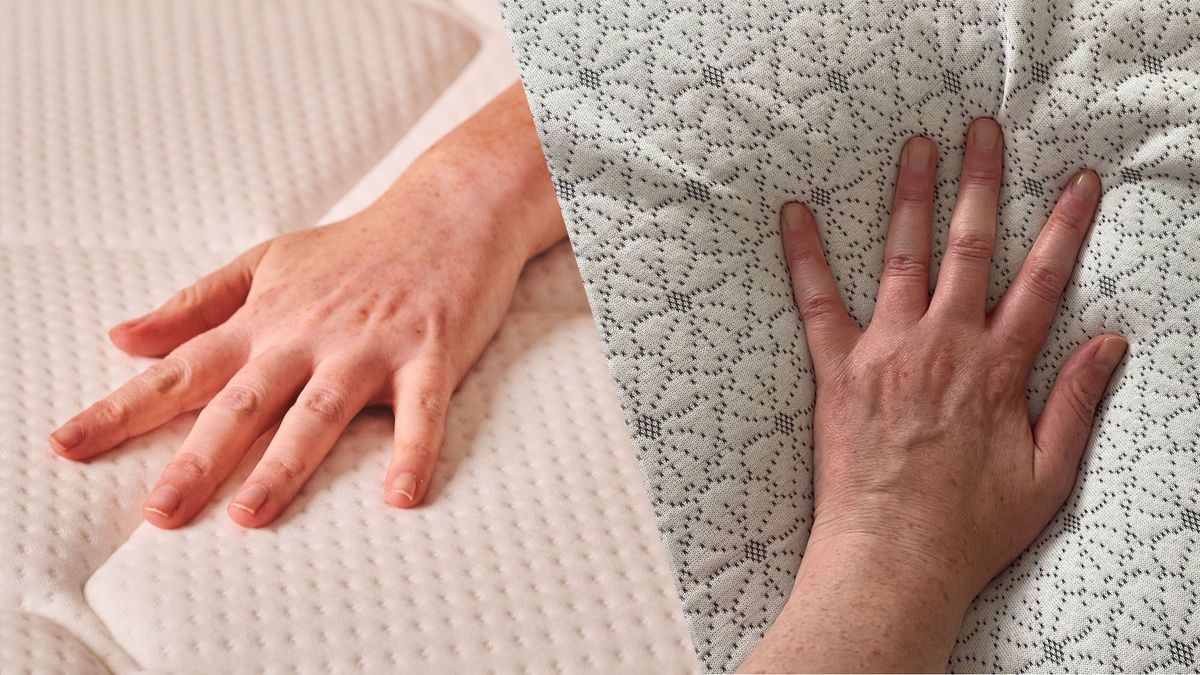 A hand presses into the surface of the Plank Firm, a firm memory foam mattress (left) and a hand presses into the surface of the Zinus Mattress, a soft memory foam mattress (right)