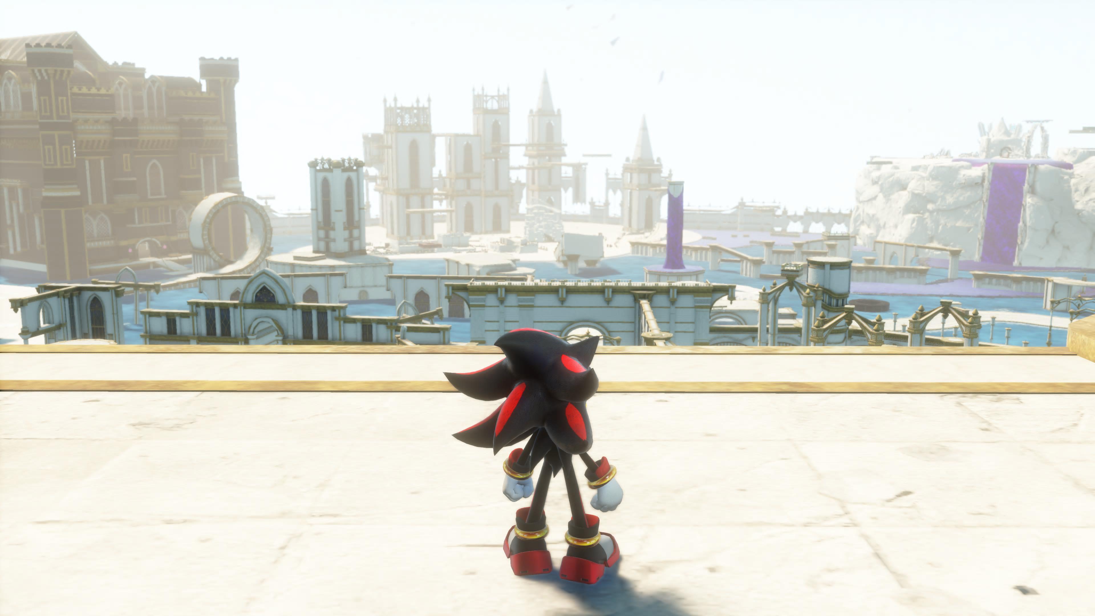 Shadow gazes out at the White Space hub in Sonic X Shadow Generations, where lots of platforms hide treasures