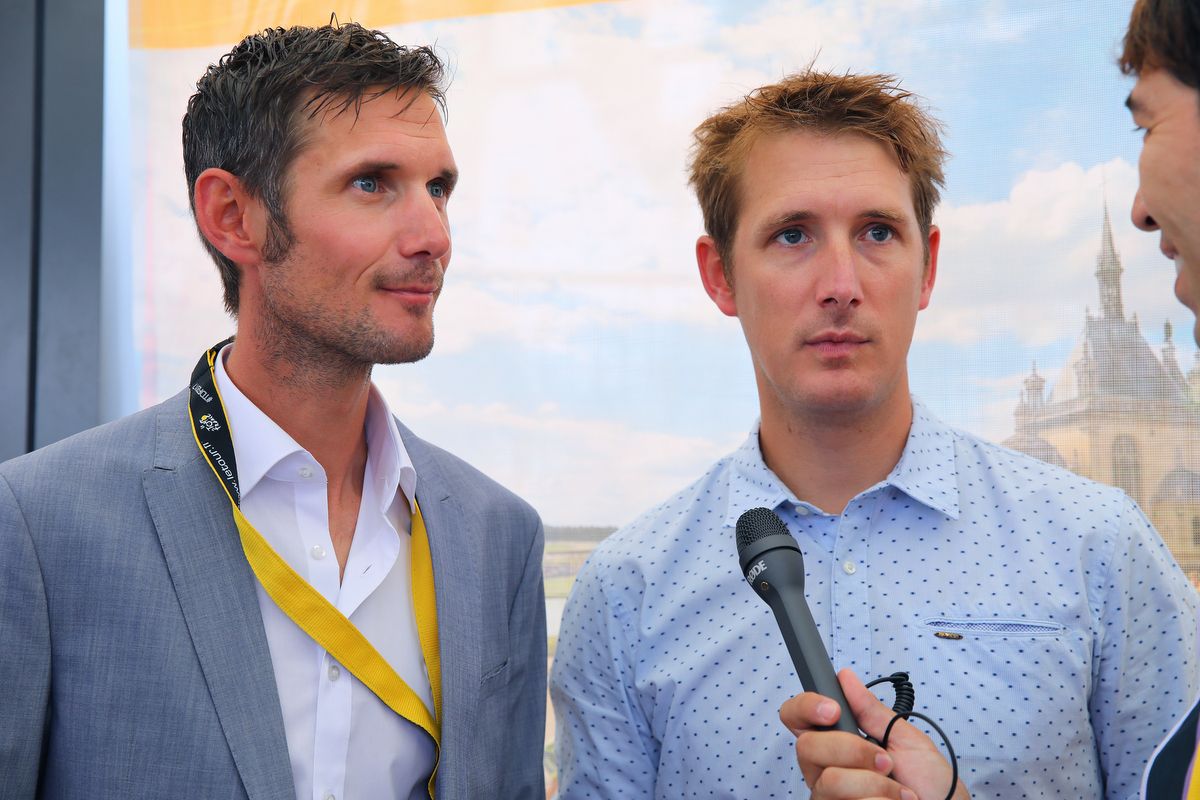 The Schleck brothers at the start village today as the race started in their hometown of Mondorf-les-Bains, Luxembourg