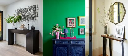 Three examples of modern entryway table ideas. Large black, console table. Green painted hallway with black wooden unit with decorative tray. Small console table with mirror on wall above.