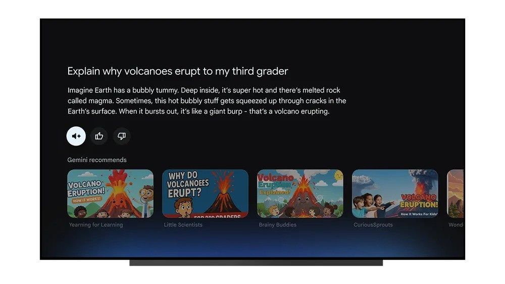 Gemini for Google TV delivers a text-based explainer for a child about "why volcanoes erupt," as well as offering a row of YouTube videos.