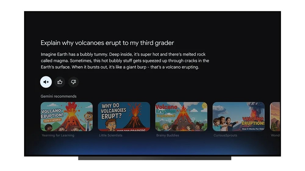 Gemini for Google TV delivers a text-based explainer for a child about "why volcanoes erupt," as well as offering a row of YouTube videos.
