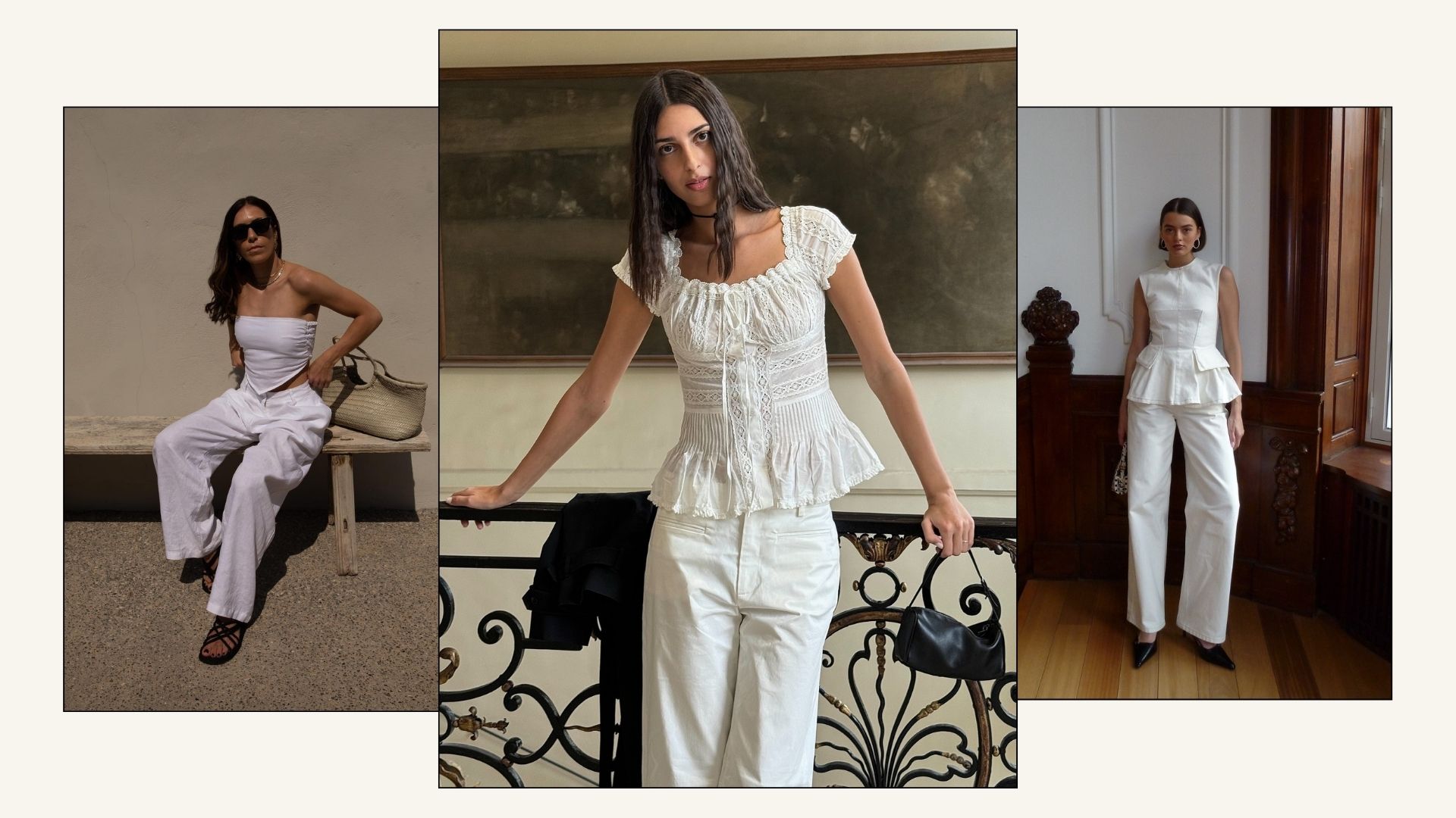 Influencers @brittanybathgate, @salome.mory, @maryljean wear white tops with white jeans.