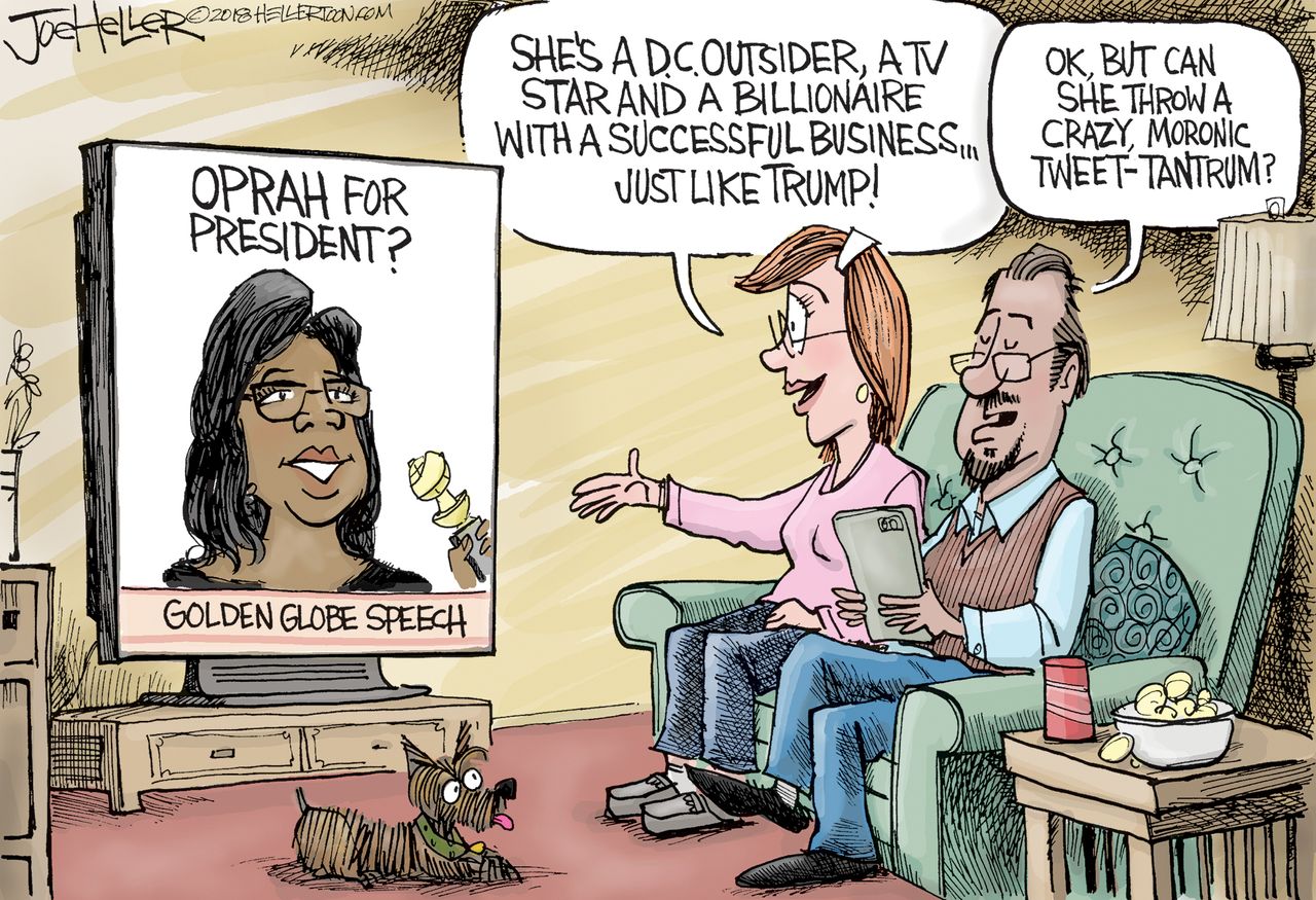 Political cartoon U.S. Oprah 2020 Golden Globes Trump tweets