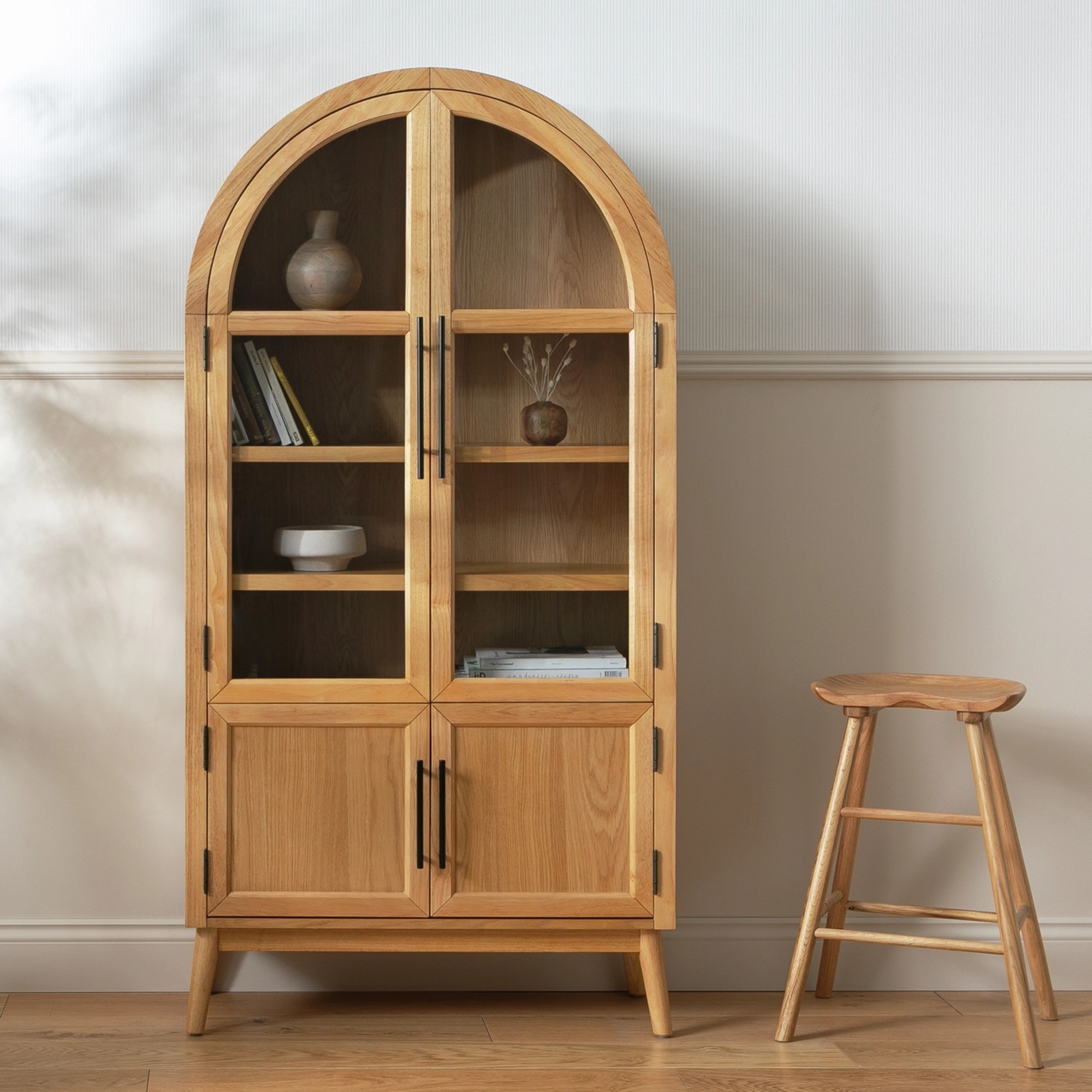 Habitat Collins Arched 4 Door Display Cabinet with a stool next to it