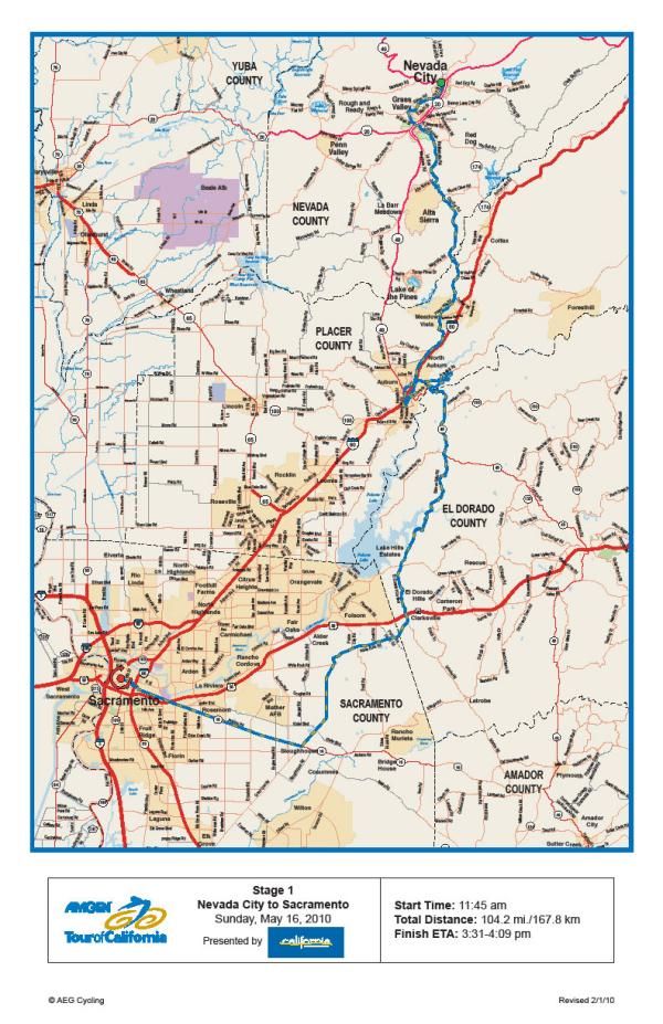 Stage 1: Sunday, May 16 2010, Nevada City - Sacramento, 167.8km, Map
