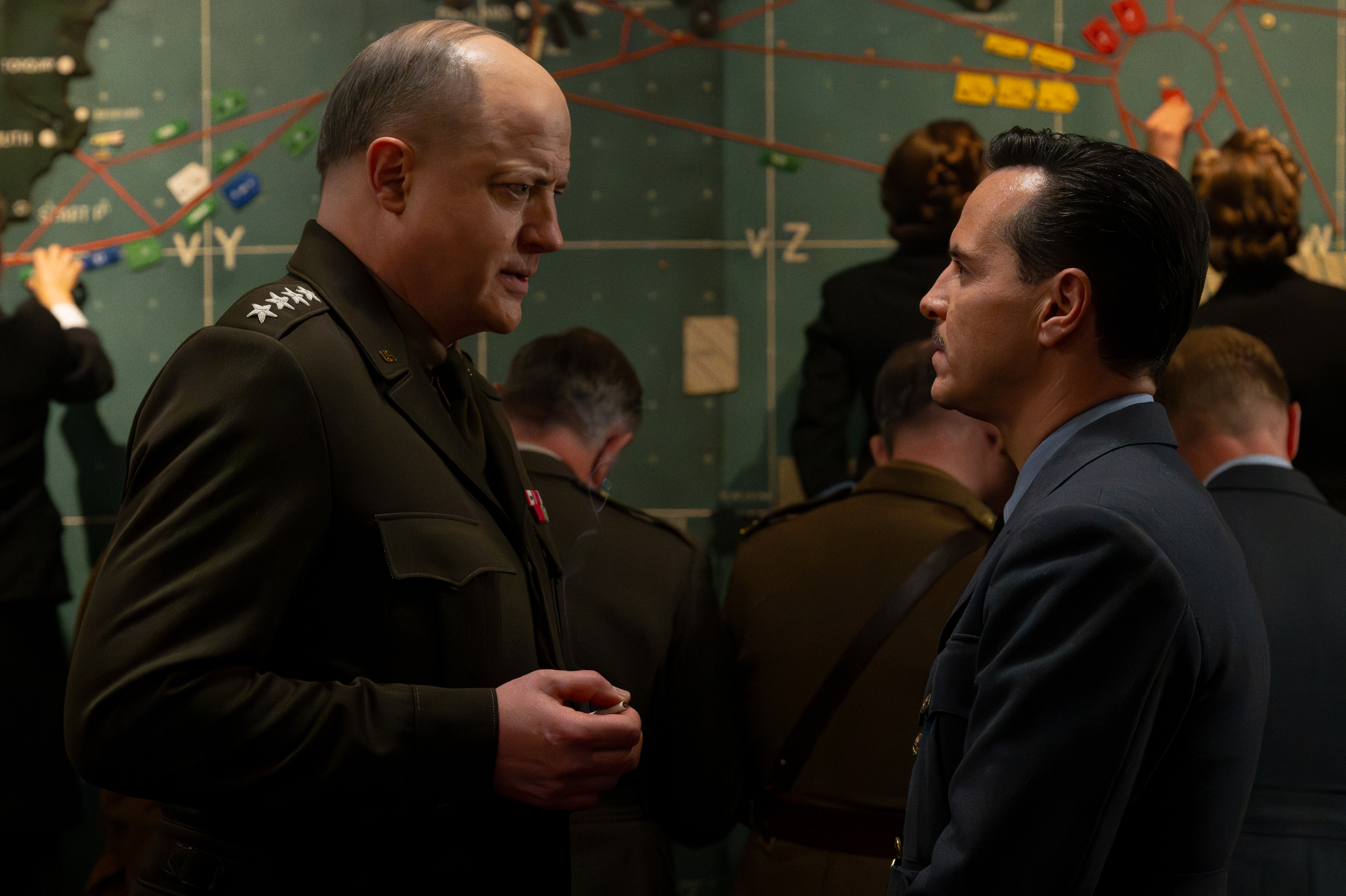 brendan fraser and andrew scott as men in the military in a still from the political thriller pressure