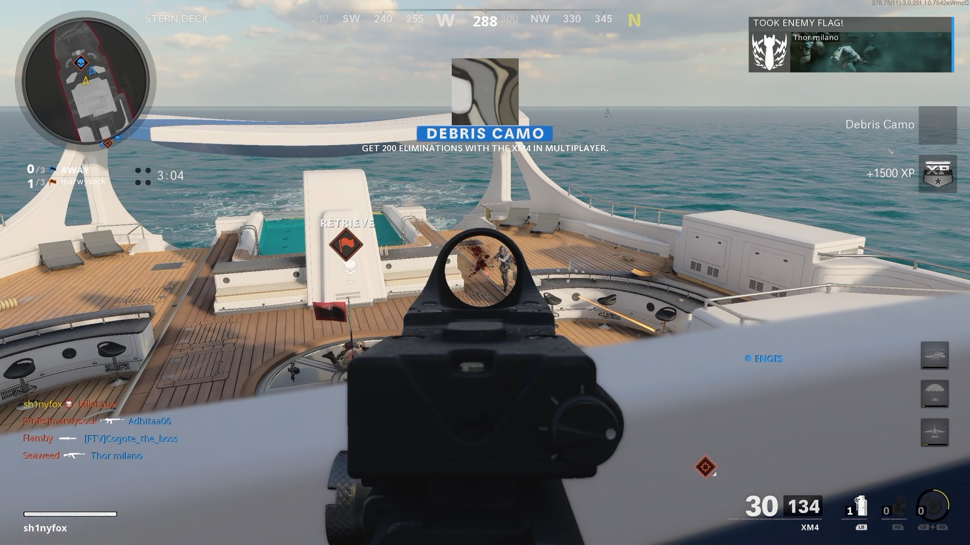 A screenshot from Hijacked on Call of Duty: Black Ops Cold War with the Debris Camo unlock popup for the XM4.