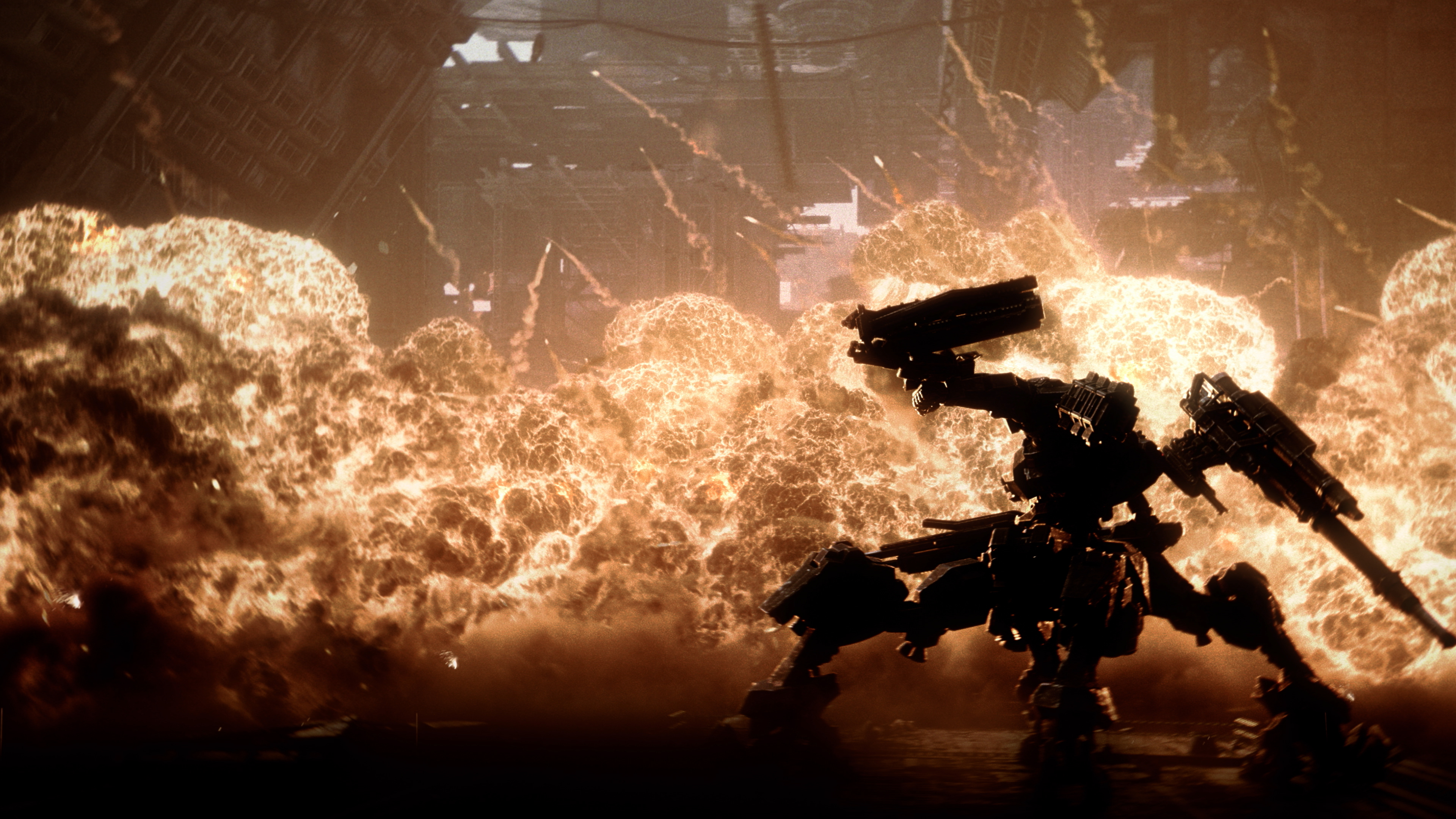 Armored core 6 mech fighting with explosion in the background