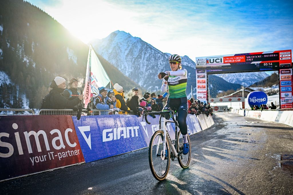 Dutch Manon Bakker crosses the finish line at the womens elite race of the Cyclocross World Cup race in Val di Sole Italy Saturday 17 December 2022 stage ten out of 14 in the World Cup of the 20212022 seasonBELGA PHOTO JASPER JACOBS Photo by JASPER JACOBS BELGA MAG Belga via AFP Photo by JASPER JACOBSBELGA MAGAFP via Getty Images
