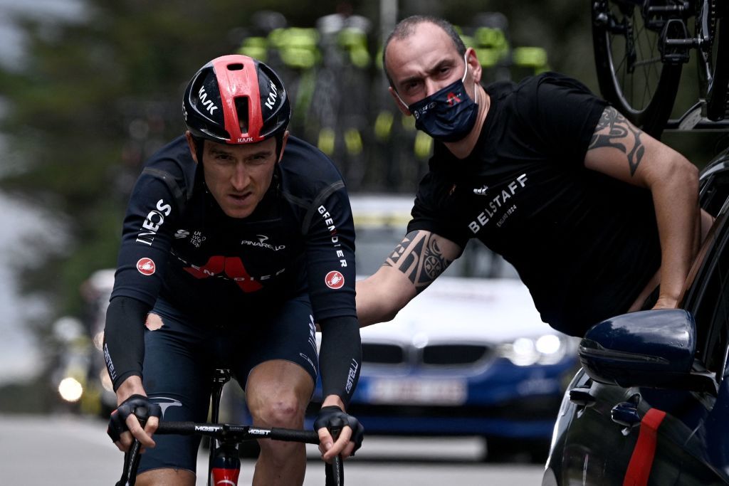 Team Ineos Grenadiers Geraint Thomas of Great Britain rides behind the pack after crashing during the 3rd stage of the 108th edition of the Tour de France cycling race 182 km between Lorient and Pontivy on June 28 2021 Photo by AnneChristine POUJOULAT AFP Photo by ANNECHRISTINE POUJOULATAFP via Getty Images