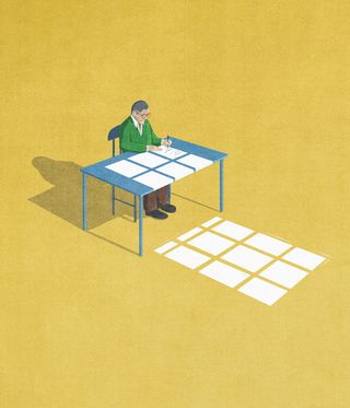 An illustration of man sitting on a blue chair and matching table writing on a paper captured against a yellow background