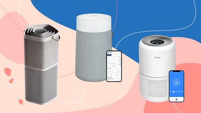 The three best air purifier as tested by Ideal Home - the Blueair Blue Max 3250i, AEG AX91-604GY Connected Air Purifier, and Levoit Core 300S Air Purifier on a blue and pink background 