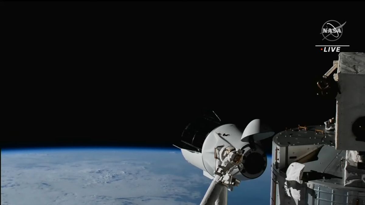 Astronauten transportieren eine SpaceX Dragon-Kapsel zu einer Raumstation