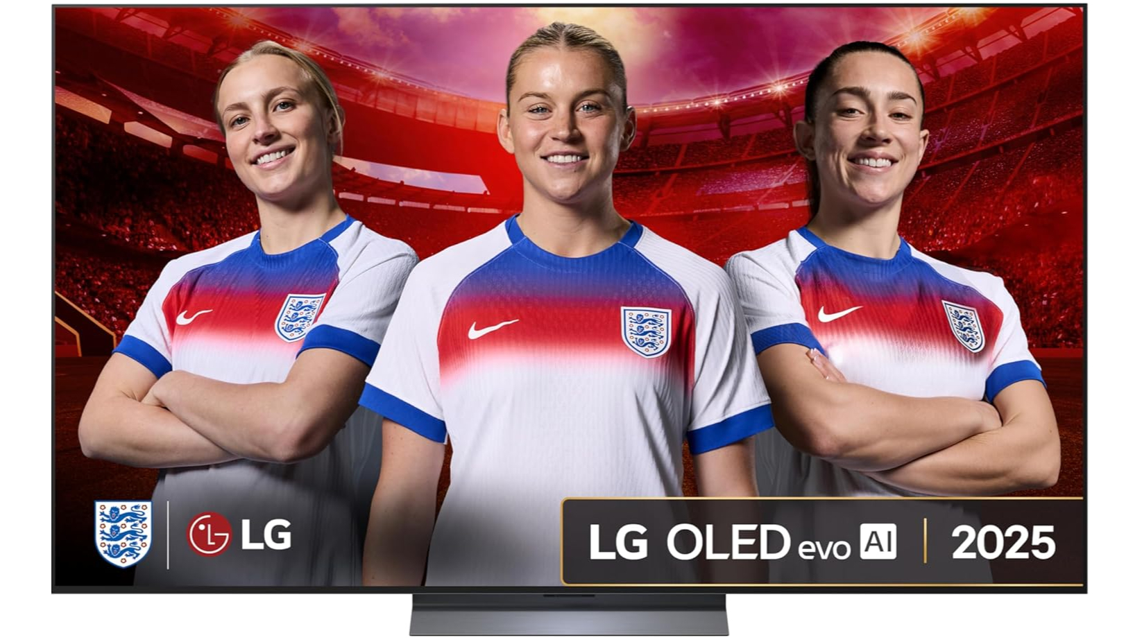 The 77-inch LG C5 pictured against a white background. On the screen are players from the England women's national football team