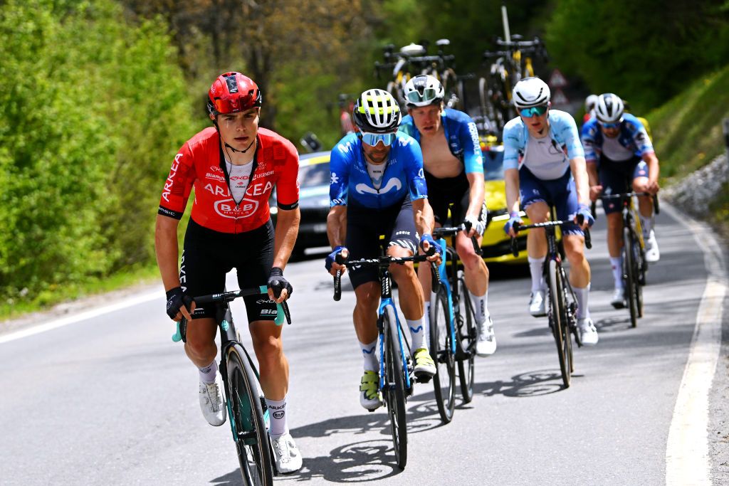 LEYSIN SWITZERLAND APRIL 27 Raul Garcia Pierna of Spain and Team Arkea BB Hotels leads the breakaway during the 77th Tour De Romandie 2024 Stage 4 a 1592km stage from Saillon to Leysin 1314m UCIWT on April 27 2024 in Leysin Switzerland Photo by Luc ClaessenGetty Images