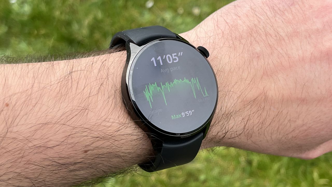 The Xiaomi Watch S1 Pro showing metrics from a workout, against a green background