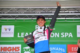 Katarzyna Niewiadoma on the podium after stage 3 of the Ovo Energy Women's Tour