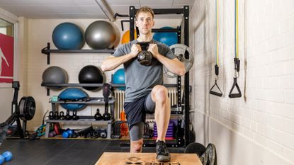 Image shows a rider using a kettlebell as part of their cycling training plan