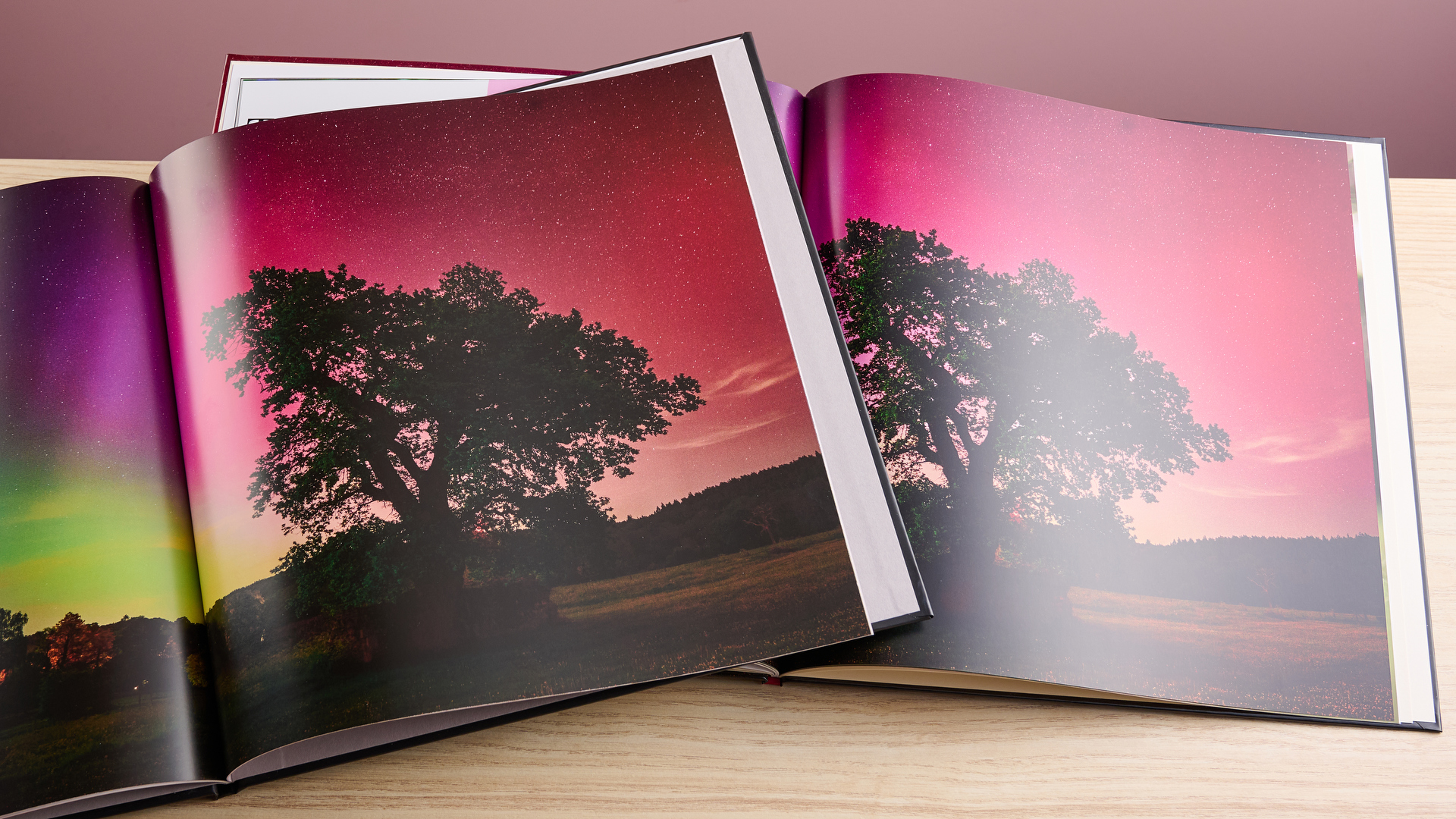 Cewe photo book on left showing a tree, with Blurb photo book showing the same on the right