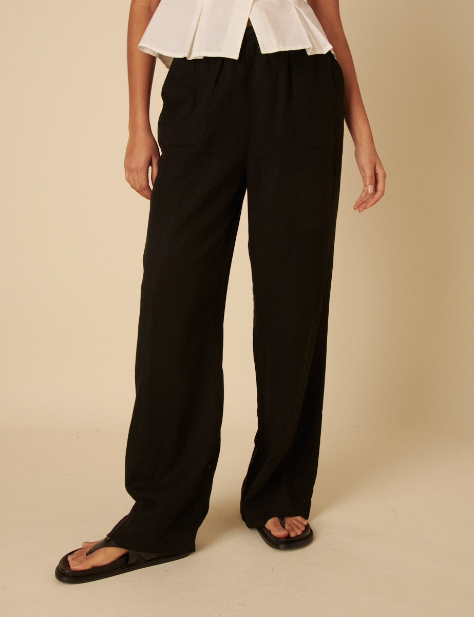 Black Linen-Blend Shona Leg Trousers