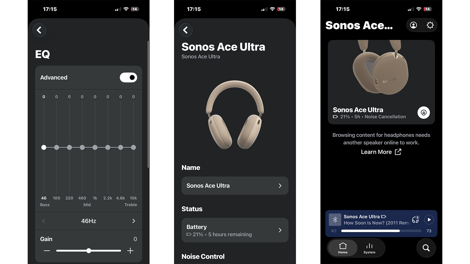 Sonos Ace Ultra wireless headphones app on three smartphone screens