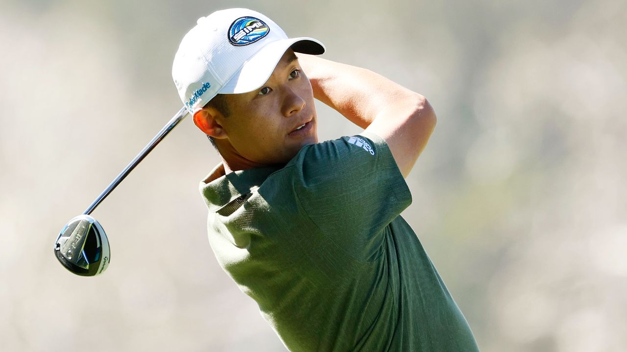 Collin Morikawa tees off at the 8th during the 2021 Genesis Invitational