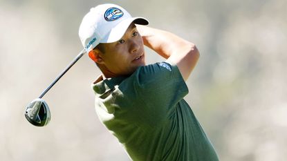 Collin Morikawa tees off at the 8th during the 2021 Genesis Invitational