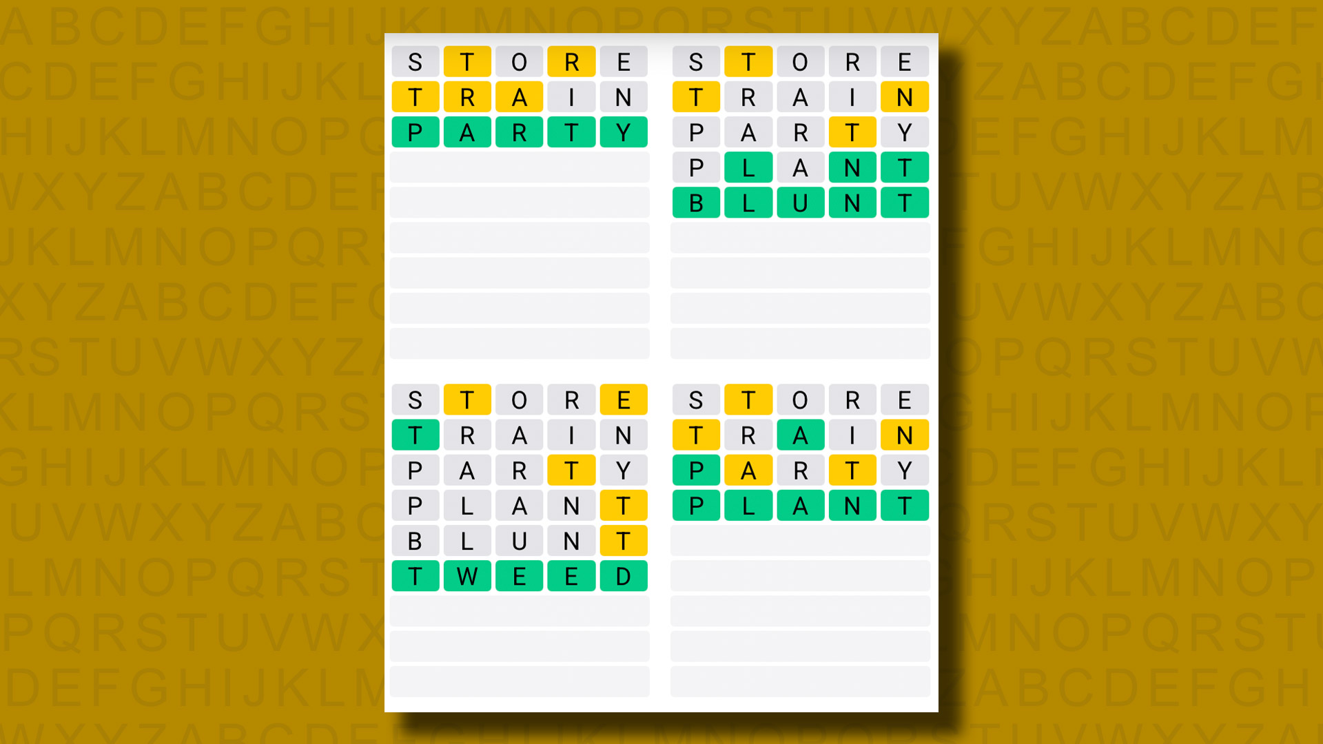 Quordle answers for game 1088 on a yellow background