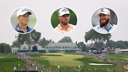 A general view of Oakmont Country Club, with three players in circles