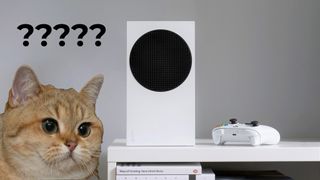 Xbox Series S with a confused orange cat 