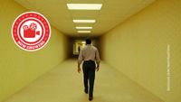 A still from Backrooms as the central character walks towards a long featureless corridor.