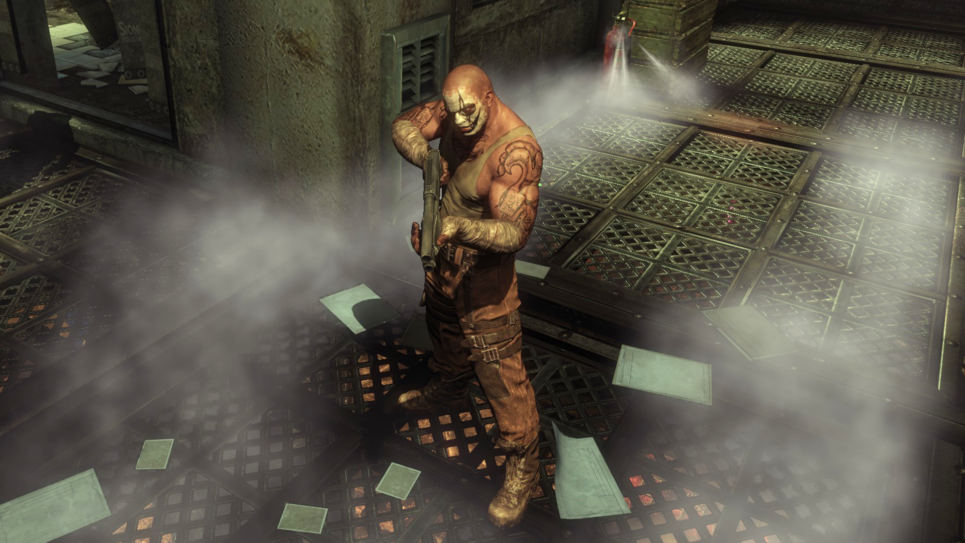 PhysX effects enabled in Batman: Arkham City, with a man stood in fog and surrounded by papers.