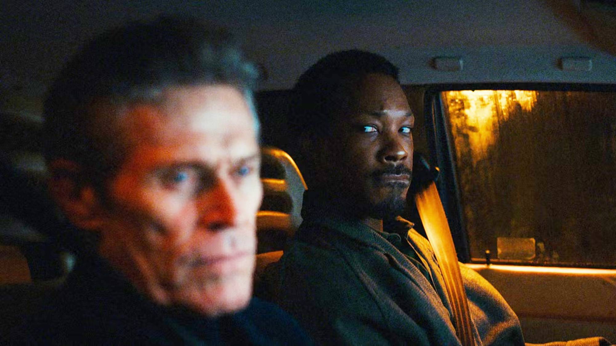 Willem Dafoe and Corey Hawkins in &quot;The Man in My Basement&quot; movie on Hulu (2025)