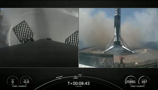 A SpaceX Falcon 9 rocket booster sticks a landing on the drone ship Of Course I Still Love You in the Atlantic Ocean after launching 60 Starlink satellites on April 7, 2021. It was the seventh flight for the rocket..