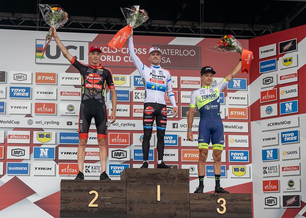 The podium of Eli Iserbyt in first, Michael Vanthourenhout in second and Quinten Hermans in third at the Waterloo UCI Cyclo-cross World Cup men's elite race 2021.
