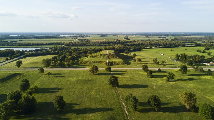 an aerial view of a grassy field with trees and a mound in the center